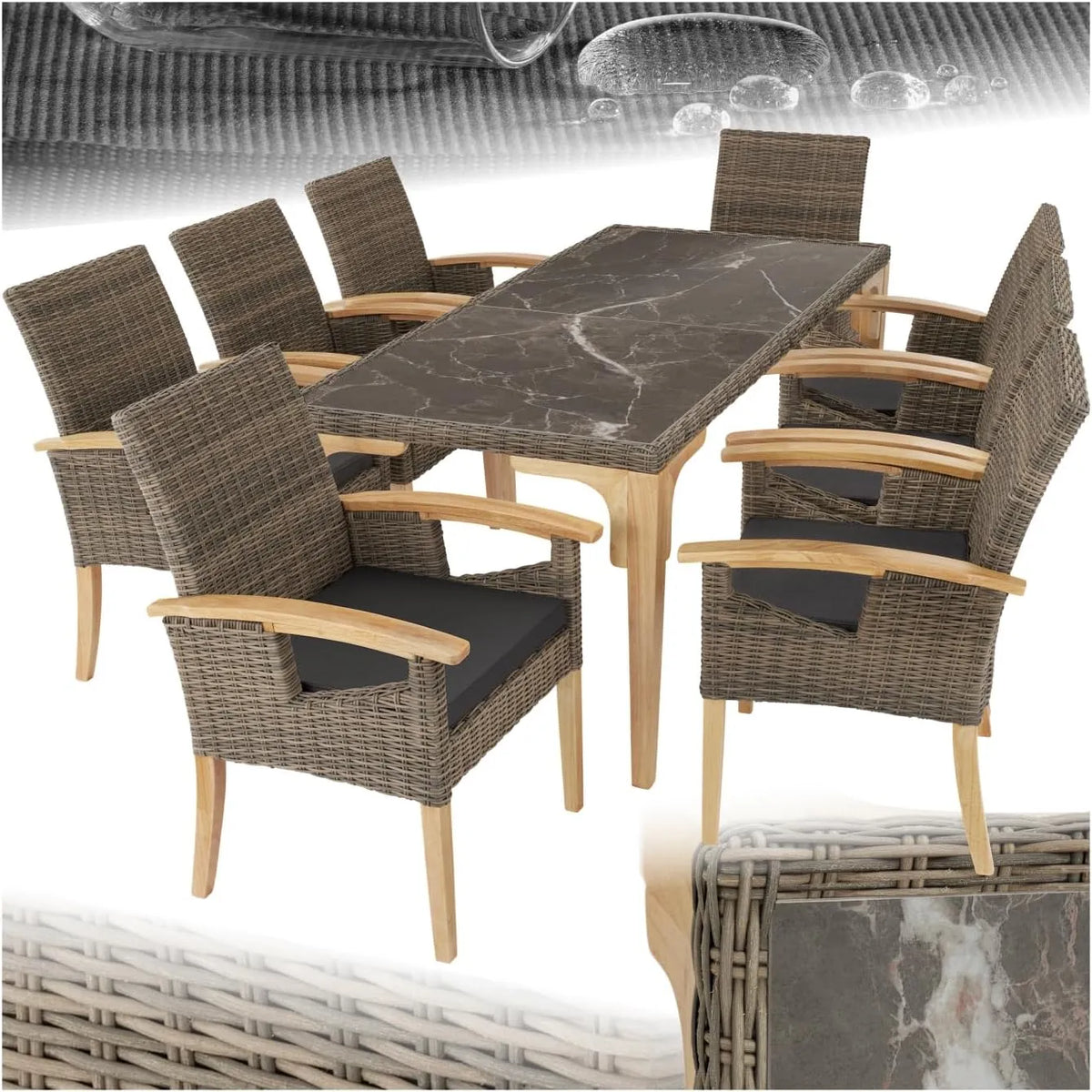 tectake ® Set Tavolo in Rattan Foggia e 8 Sedie in – Naturale, in legno, in polyrattan, rivestimento in tessuto