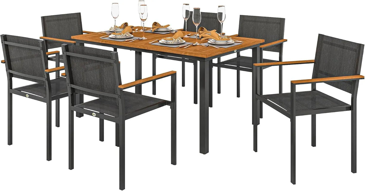 Outsunny Set Tavolo e Sedie da Esterno da 7 Pezzi – in legno, in acciaio, con braccioli