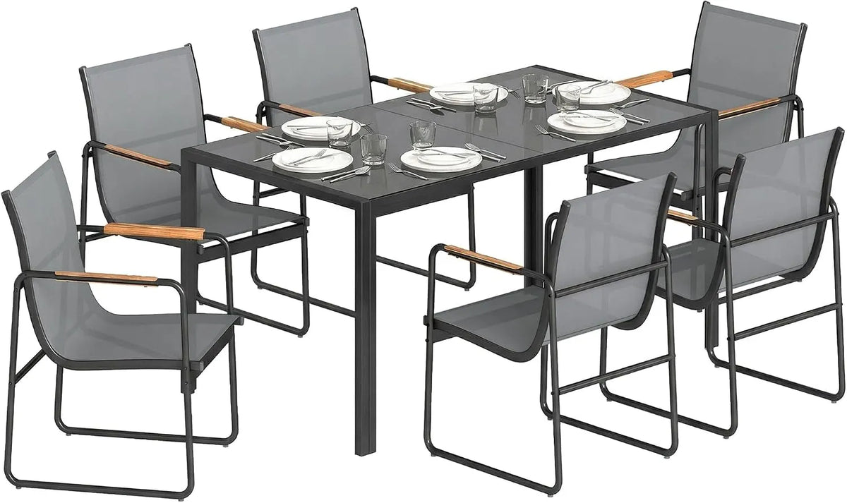 Outsunny Set da sala da pranzo da esterno 7 pezzi per: in acciaio, con braccioli, grigio