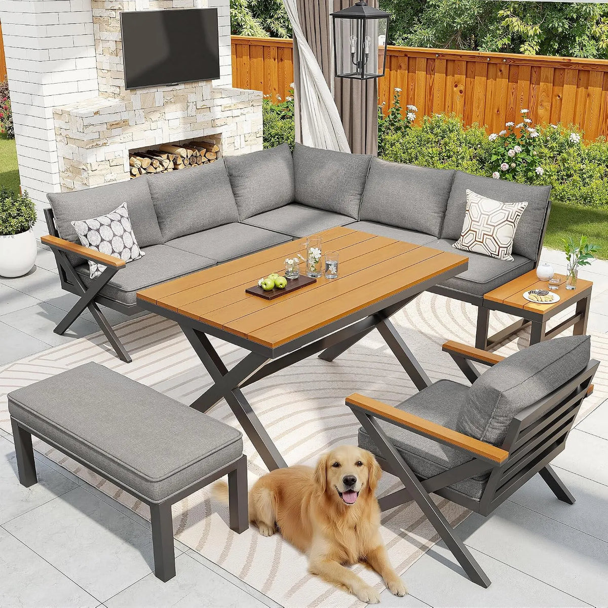 Idemon Set di seduta modulare per esterni con design moderno: in legno, con cuscini, 10 cm, grigio, in metallo, rivestimento in tessuto