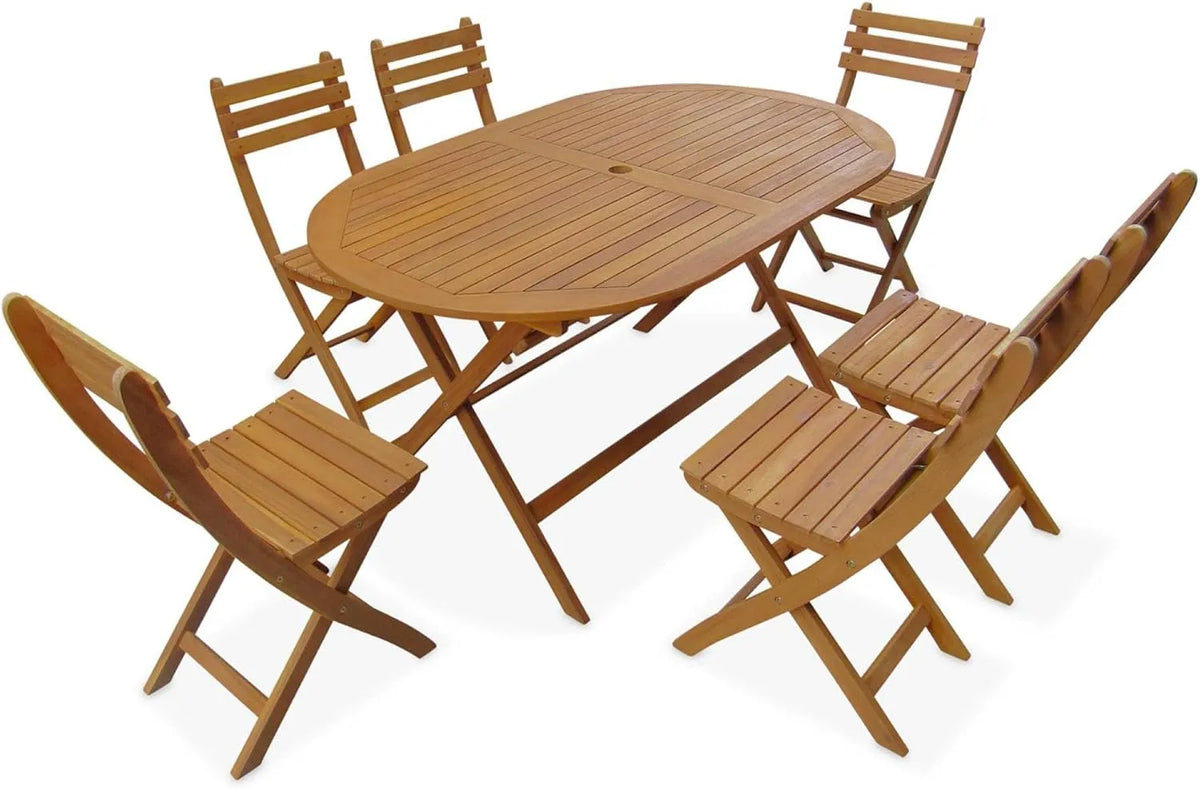 sweeek Set Tavolo da giardino e tavolo da terrazza Ovale in Legno — 150 × 90 × 74 cm, marrone