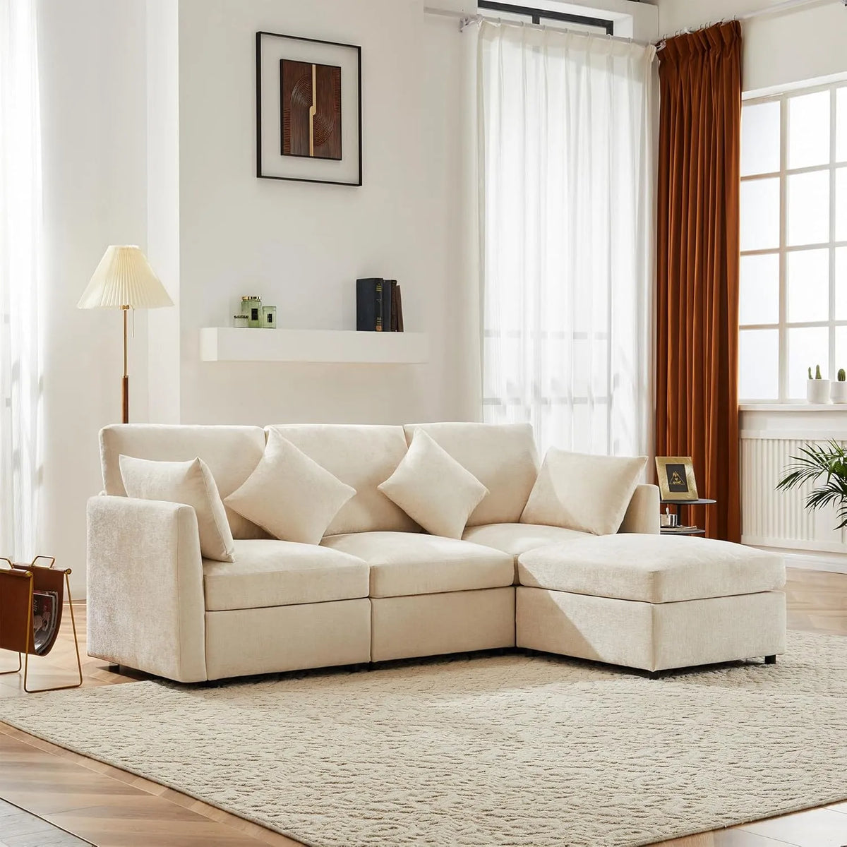 Divano angolare e divano a L – forma a L, in legno, con cuscini, 4 posti, 216 × 161 × 81 cm, in legno massello, rivestimento in tessuto