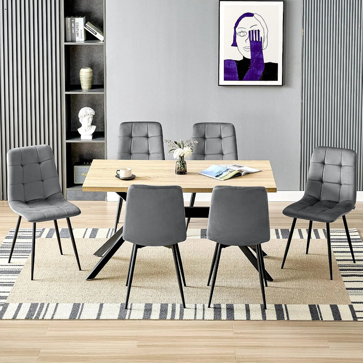 Set da Pranzo con Sedie — in legno, 140 × 80 × 76cm, grigio, in metallo, rivestimento in velluto