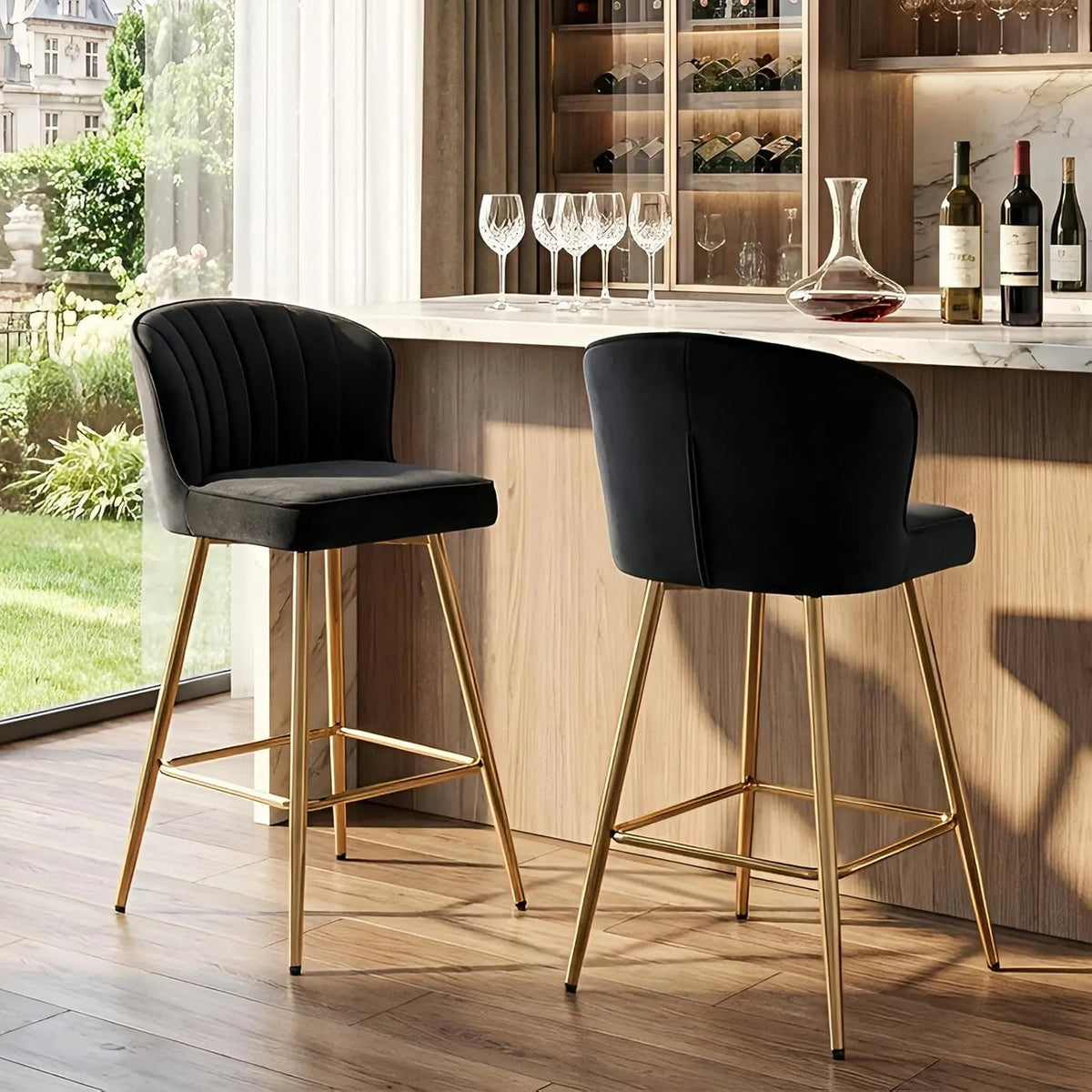 Set di 2 Sgabelli da Bar in Velluto Sgabelli Cucina — con schienale, nero, in metallo