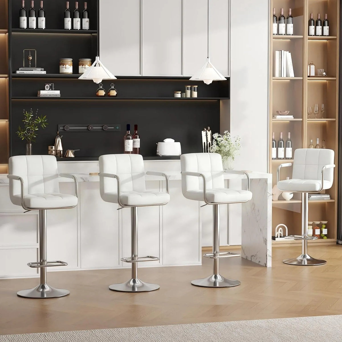 Set di 4 Sgabelli da Bar: girevole, con schienale, regolabile, bianco, altezza regolabile, rivestimento in pelle