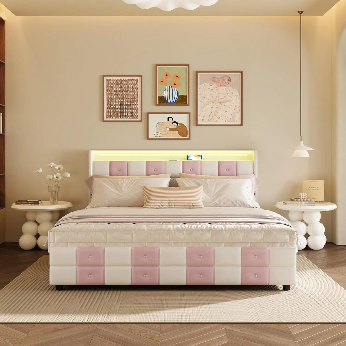 Letto matrimoniale imbottito 160 x 200 in velluto rosa e: con cassetti, con porta USB, display LED, 4 cassetti, 160 × 200, bianco