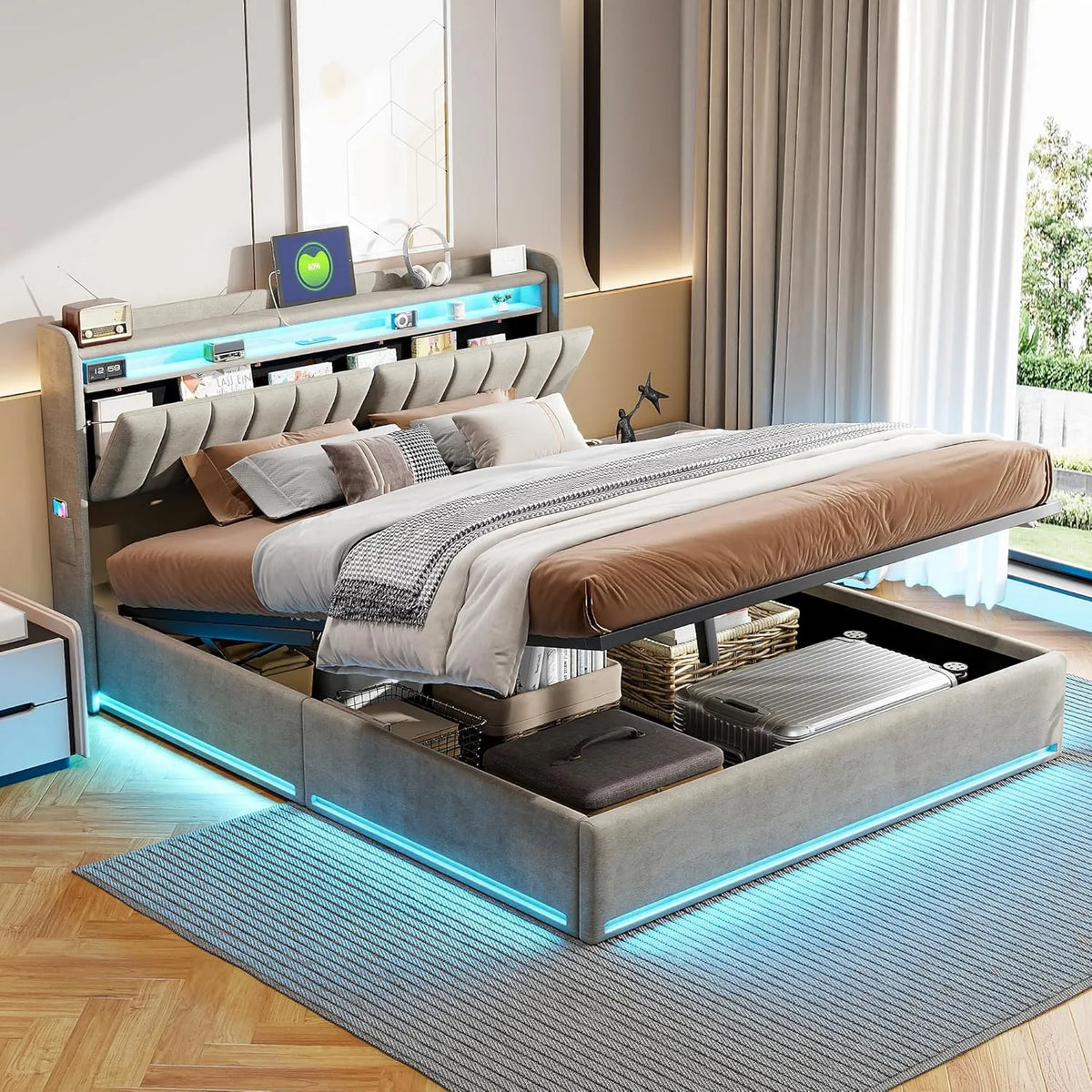 Letto con Contenitore 140 x 200 con LED e Porte: con porta USB, display LED, 140 × 200