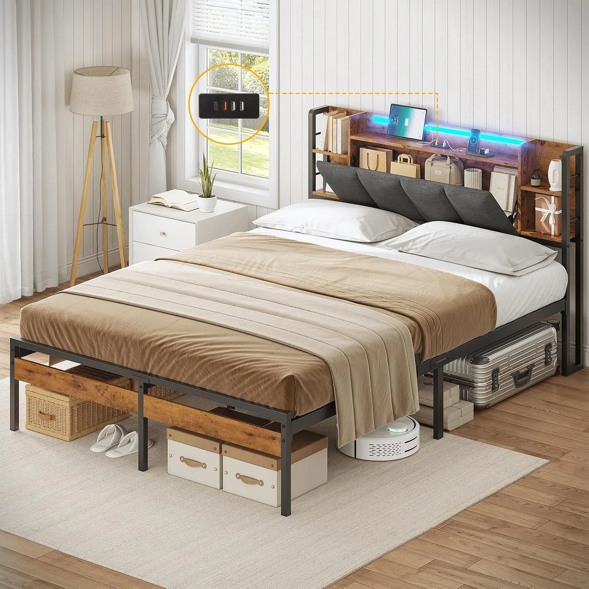 Letto Matrimoniale 140x190 cm — con ripiani, display LED, 140 × 190 cm, in metallo, rivestimento in tessuto