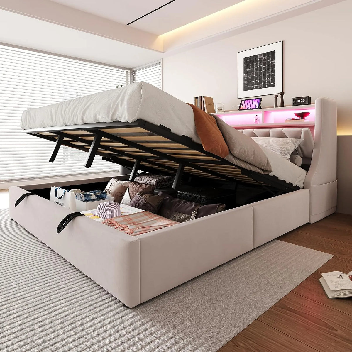Letto Matrimoniale con Contenitore 180x200 cm con LED e USB: con porta USB, regolabile, display LED, 180 × 200 cm