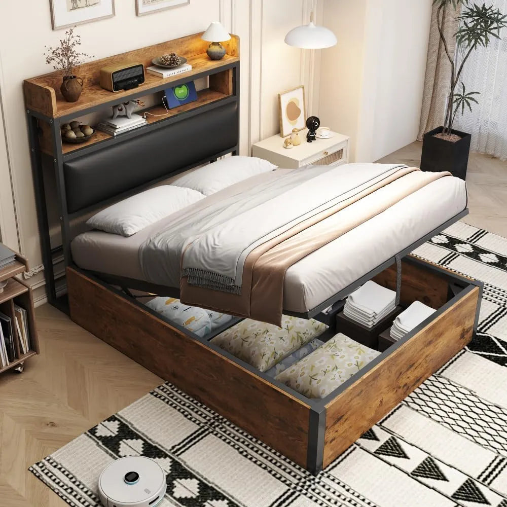 Struttura letto e giroletto 90x200 con meccanismo di sollevamento idraulico: in legno, con contenitore, con porta USB, 90 × 200, nero