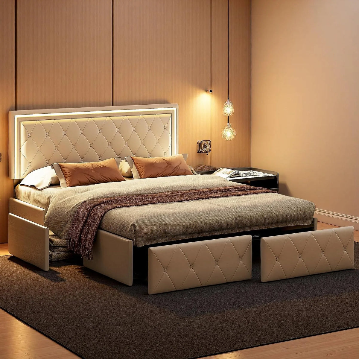 Letto imbottito e struttura letto rivestita – con cassetti, regolabile, display LED, 4 cassetti, 160 × 200 cm, 160cm, bianco