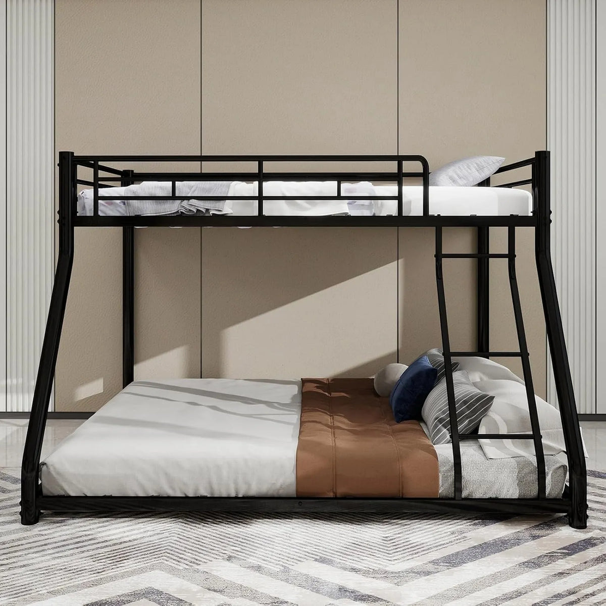 Letto a castello e letto salvaspazio – con scala, 140 × 190 cm, nero, in metallo