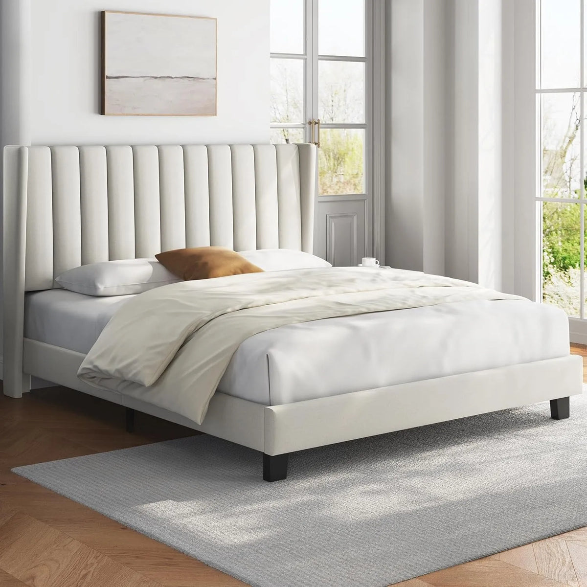 Letto imbottito e struttura letto rivestita: in legno, 160 × 200 cm, beige, in metallo