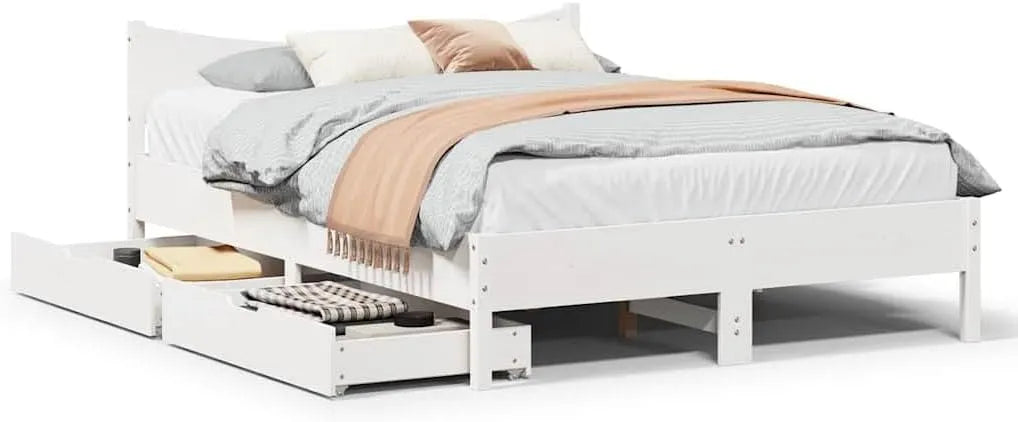 Letto in legno massiccio con cassetti in pino bianco 140 – 140 × 200 cm, in legno massello