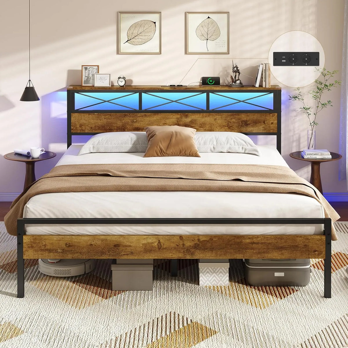 Dictac Telaio letto 160x200 cm con stazione USB e illuminazione – con porta USB, display LED, 160 × 200 cm, in metallo
