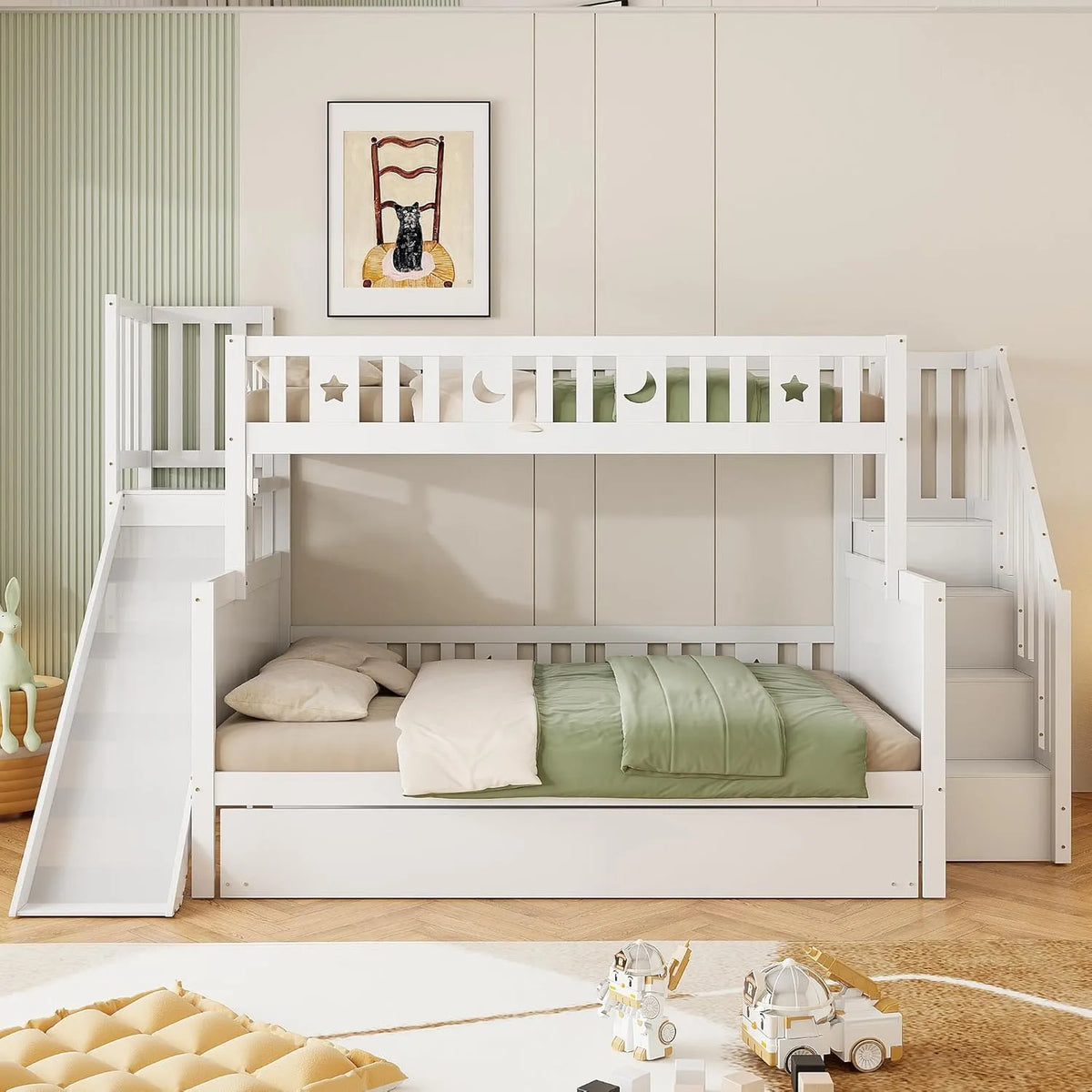Letto a castello e letto salvaspazio — in legno, con scivolo, 90 × 200, 140 × 200 cm, bianco, in legno massello