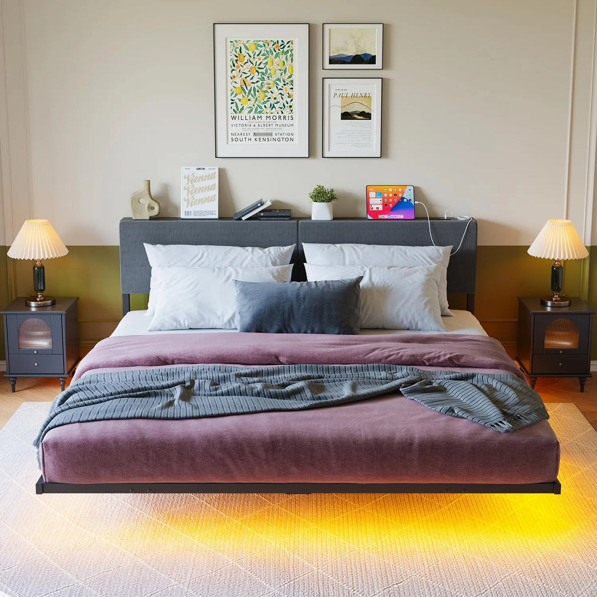 Struttura letto e giroletto king size da 1 – con porta USB, display LED, 1, 5 m, rivestimento in tessuto