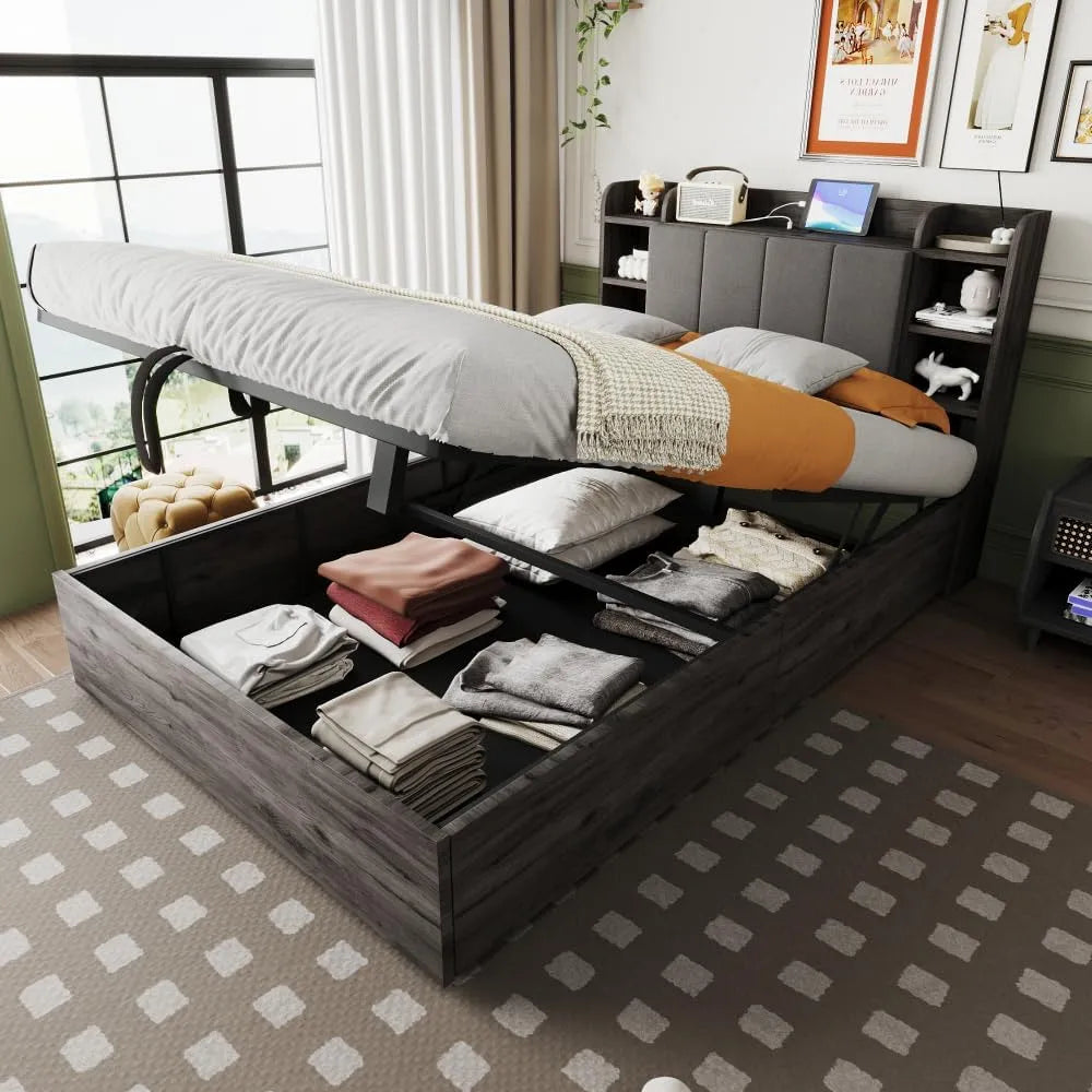 letto matrimoniale 140 x 200 cm dotato di porta USB: in legno, con contenitore, con porta USB, 140 × 200 cm, grigio