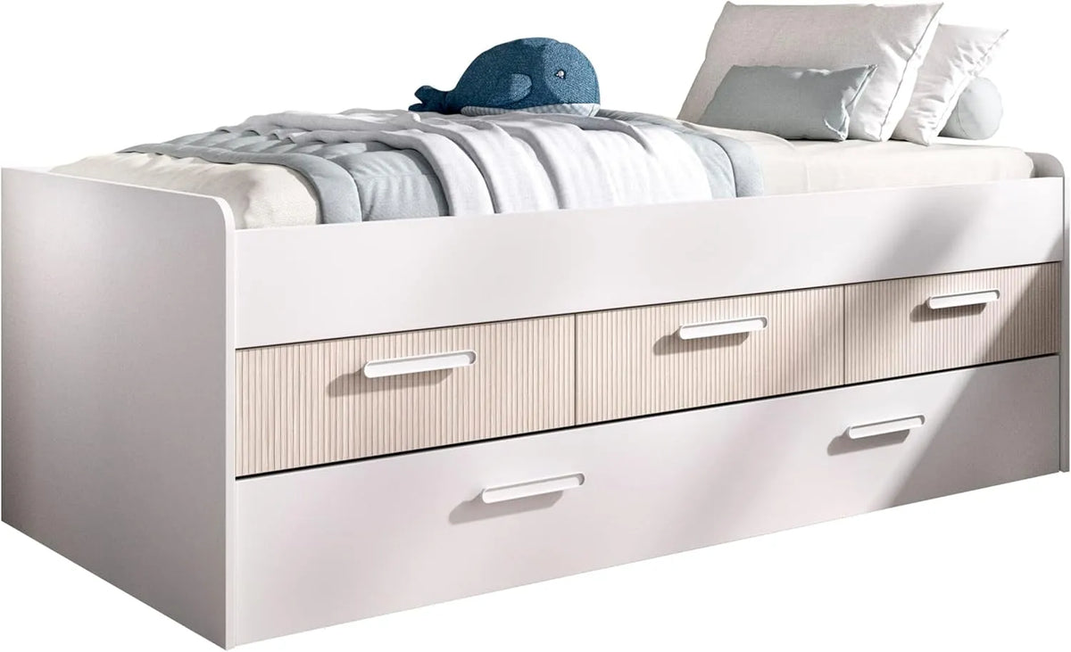 Letto compatto con tre cassetti e letto estraibile: formato compatto, con cassetti, 67 × 195 × 95 cm, bianco