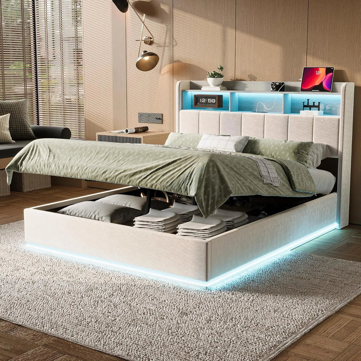 BestAlice letto baule imbottito 160 x 200 cm – con porta USB, display LED, 160 × 200 cm, bianco, rivestimento in velluto