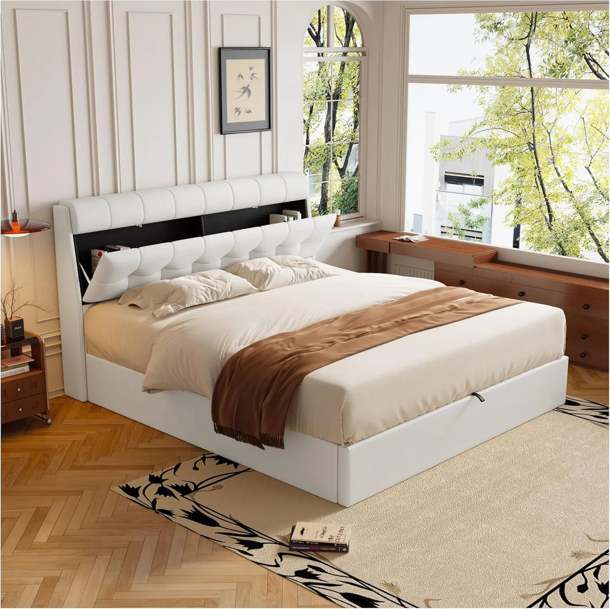Letto imbottito e struttura letto rivestita – con contenitore, 160 × 200, bianco, rivestimento in tessuto