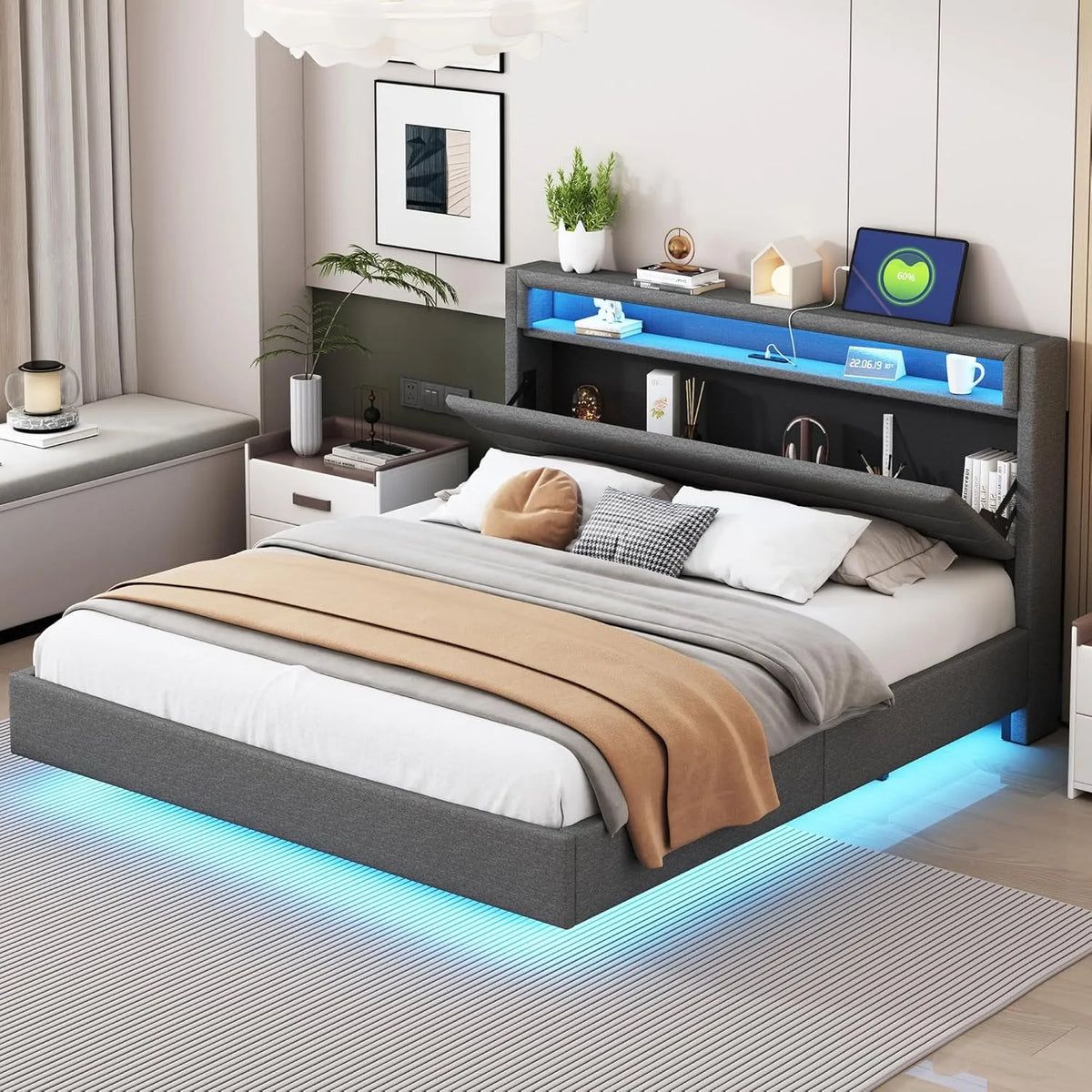 Letto imbottito e struttura letto rivestita: rivestimento in tessuto, con porta USB, display LED, 160 × 200 cm, grigio