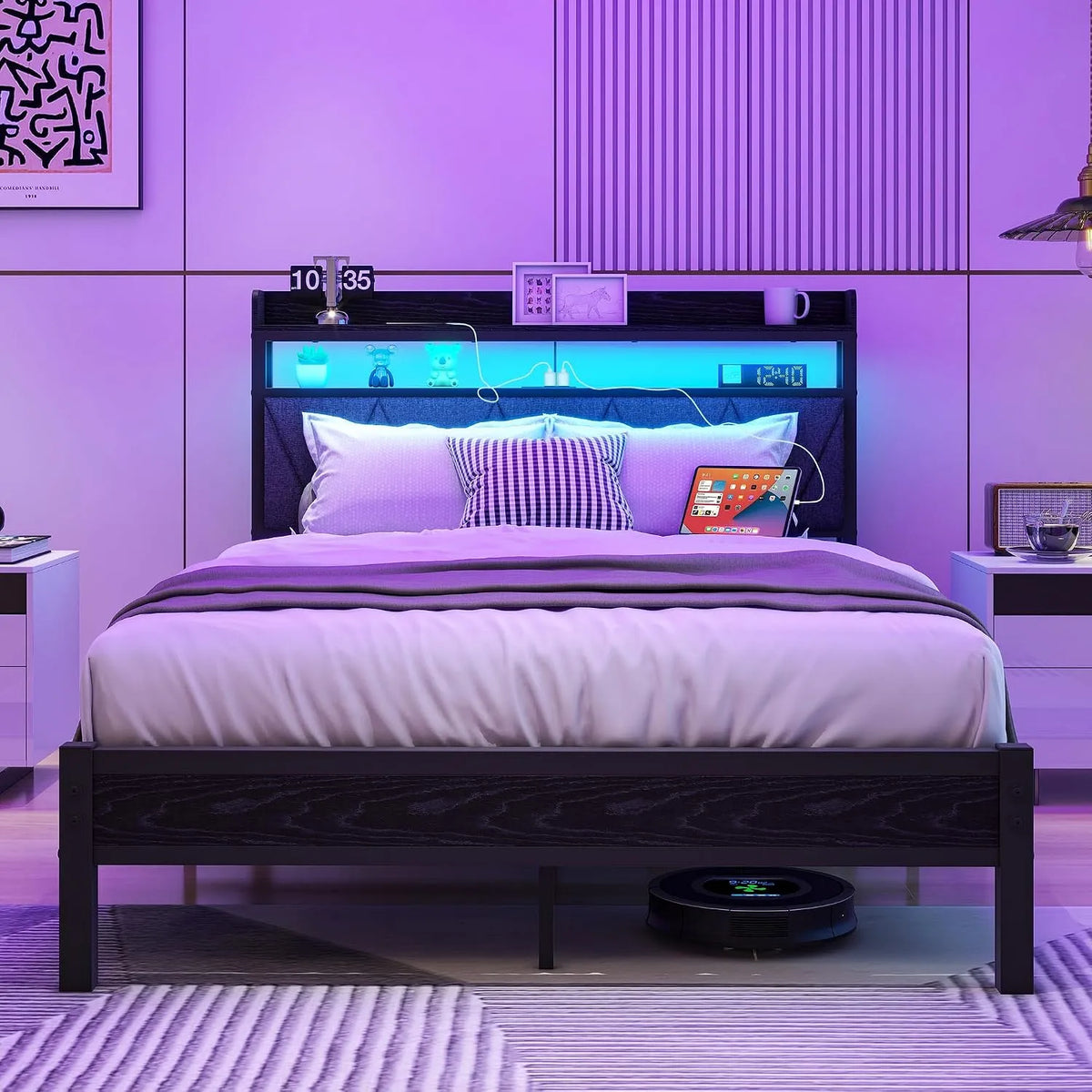 Struttura letto e giroletto matrimoniale con luci a LED — display LED, in metallo