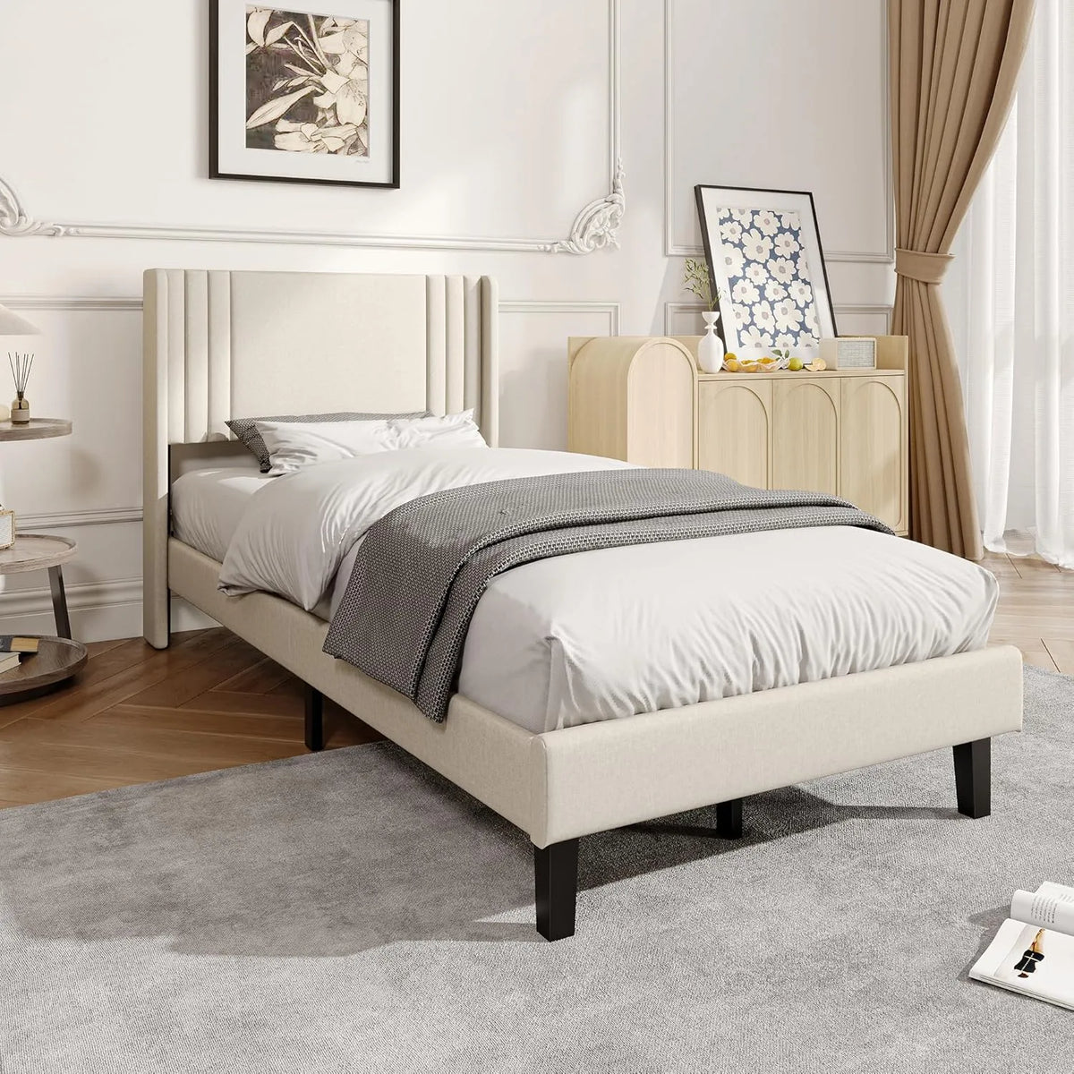 90x200 cm Letto Singolo Imbottito — in legno, con contenitore, 90 × 200 cm, beige, in metallo, rivestimento in tessuto