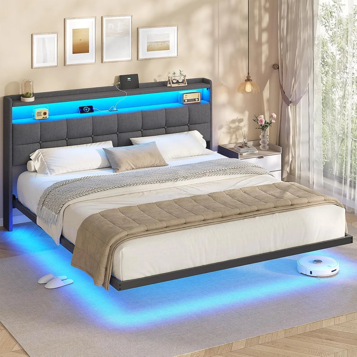 Letto Matrimoniale 180x200 cm con Effetto Visivo Levitante — display LED, 180 × 200 cm, grigio, in metallo