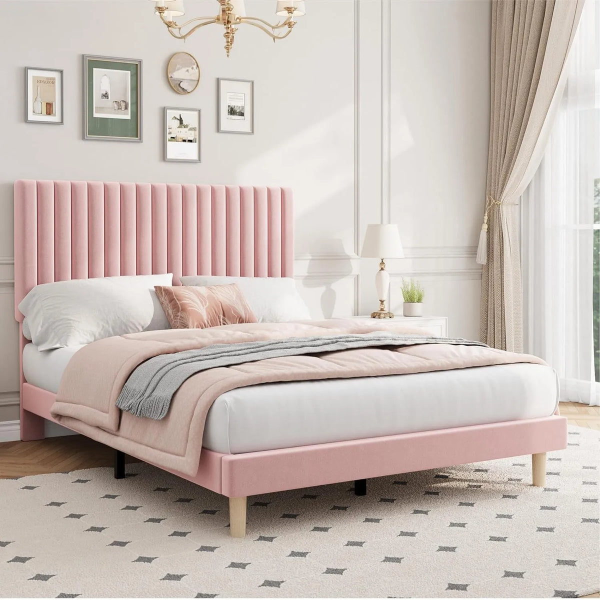 Struttura per letto matrimoniale con testiera regolabile: in legno, rivestimento in velluto