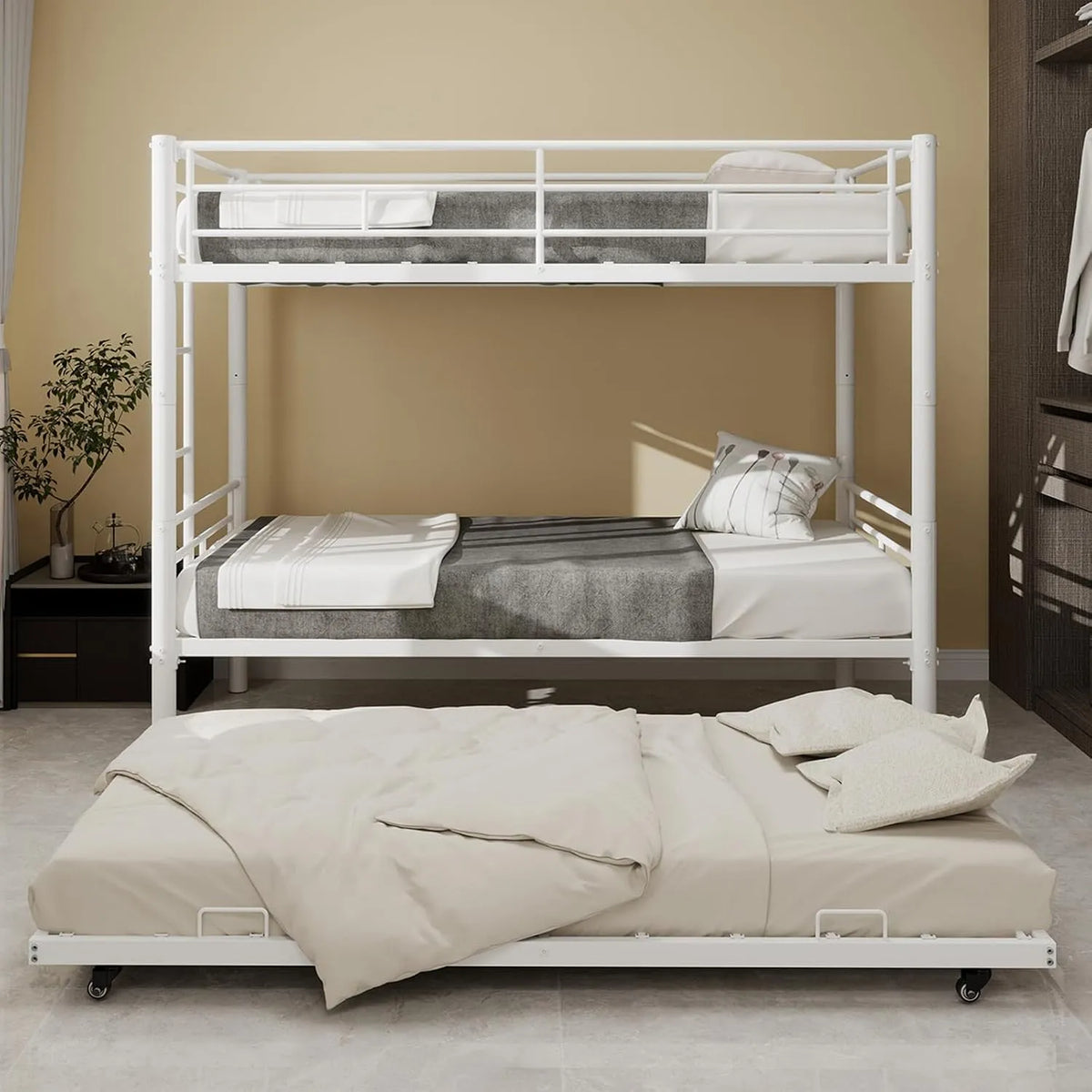 Letto a castello e letto salvaspazio – con scala, 90 × 190 cm, bianco, in metallo
