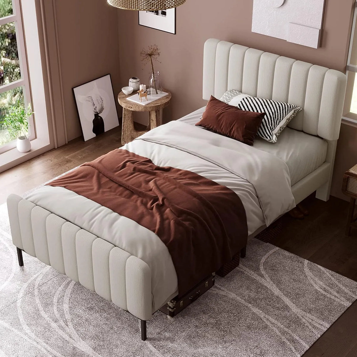 Letto imbottito e struttura letto rivestita – in legno, regolabile, 90 × 200 cm, beige