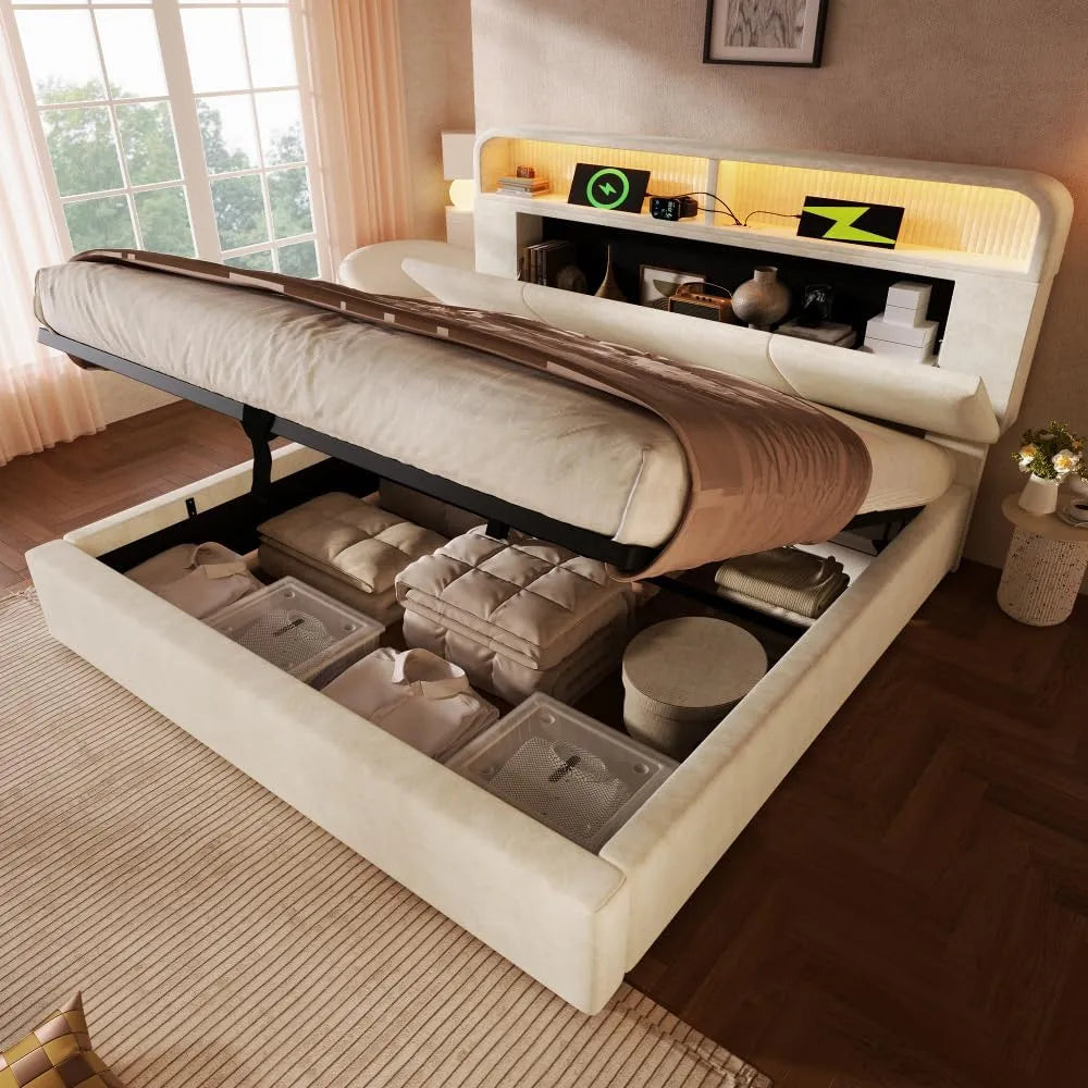 Letto matrimoniale 180x200 cm con testiera contenitore regolabile in altezza: con contenitore, con porta USB, display LED, 180 × 200 cm, beige