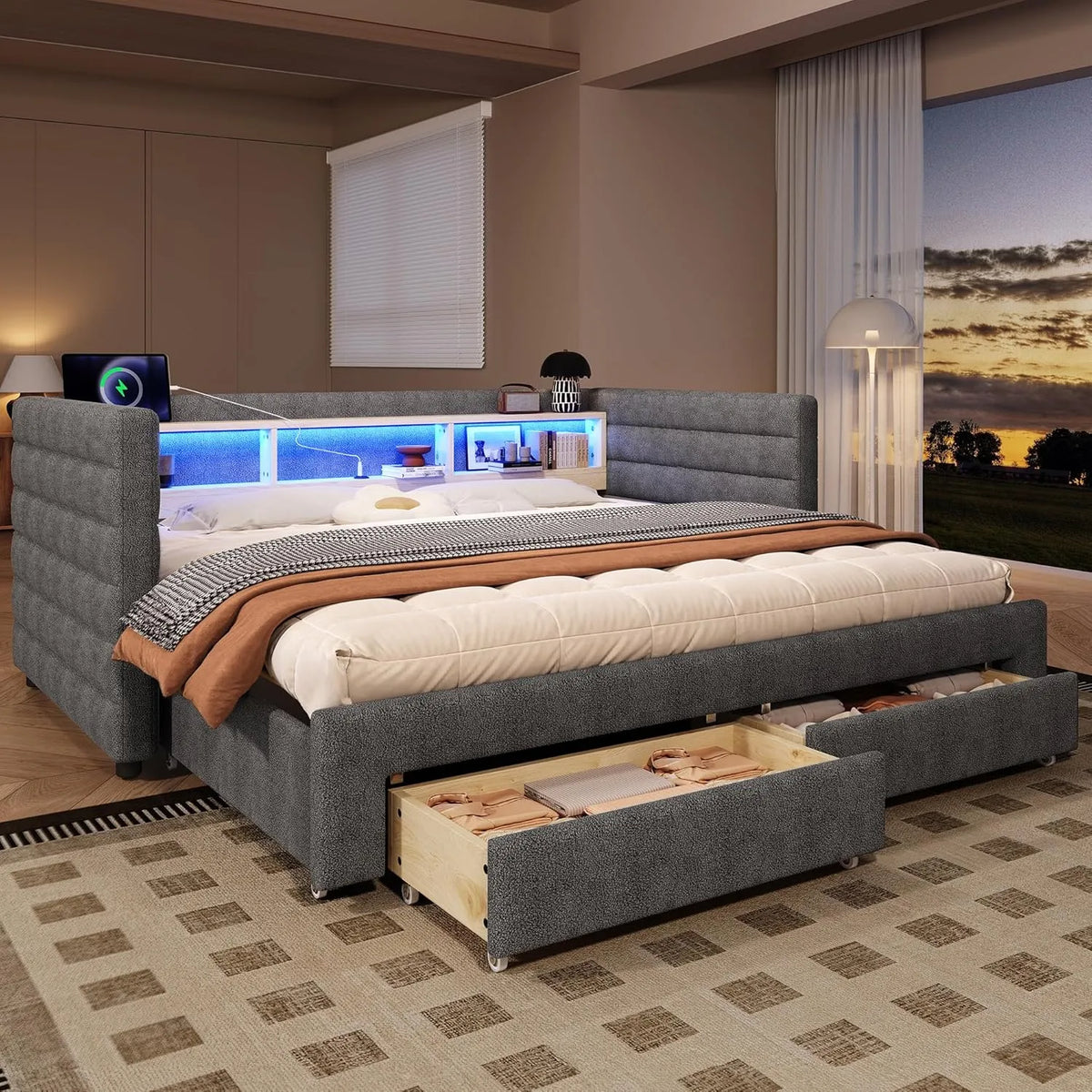 Divano letto e divano trasformabile: con cassetti, con porta USB, display LED, 180 × 190 cm, grigio