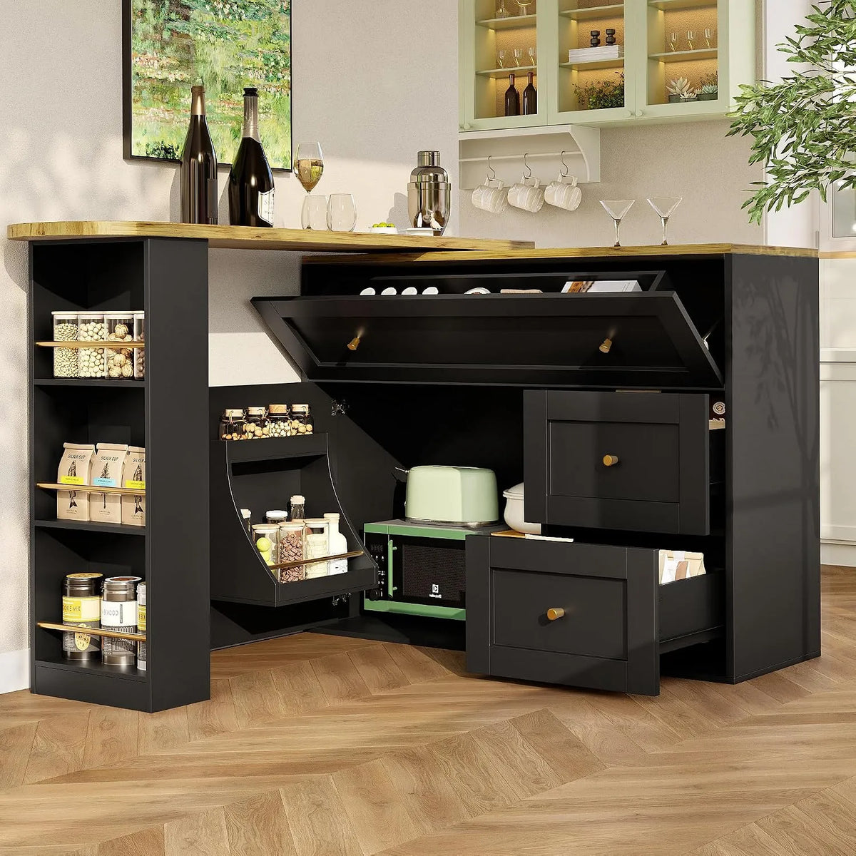 Tavolo allungabile da bar con archiviazione — 204 × 39 × 105 cm, nero