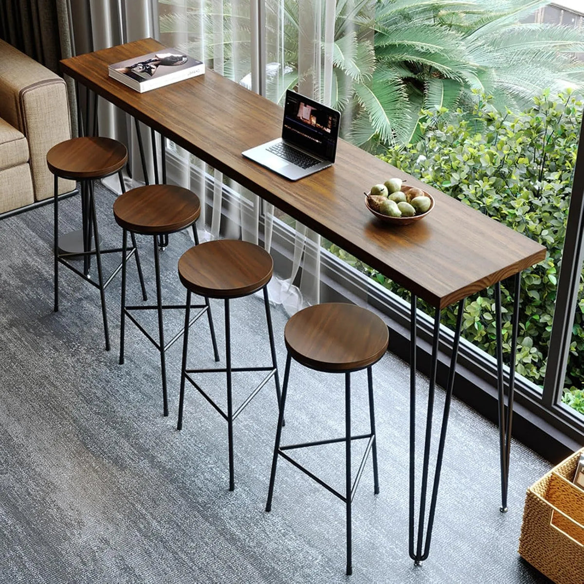 Tavolo da bar industriale in legno massello stretto per balcone – 120 × 40 × 105cm, 47.2 × 15.7 × 41