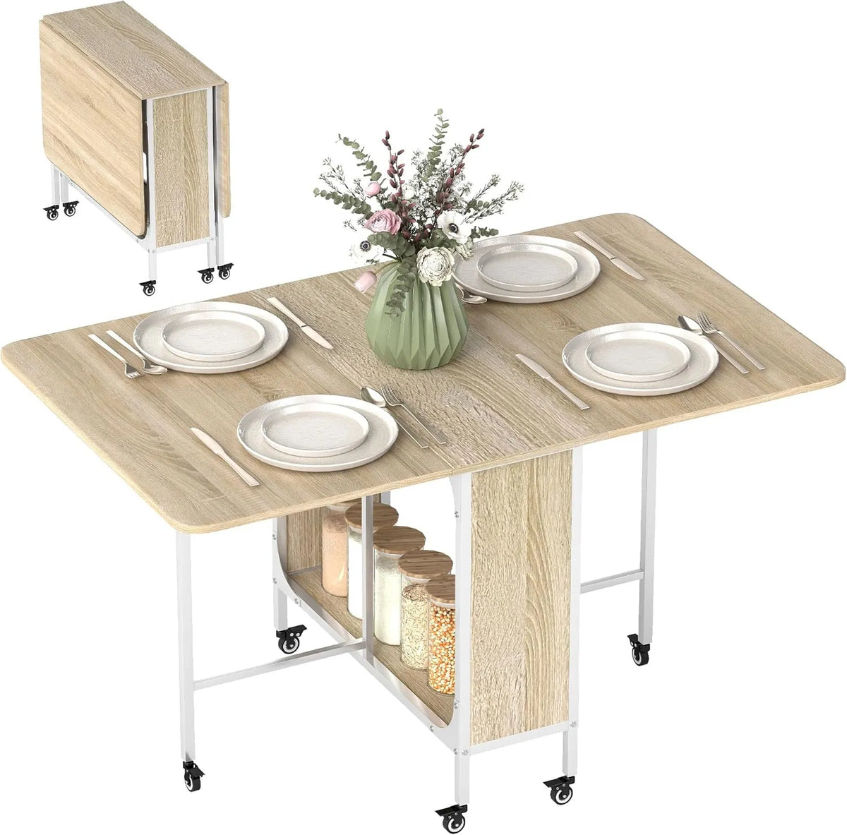 HOMCOM Tavolo da pranzo e tavolo per sala da pranzo — in legno, pieghevole, con ruote, 130 × 80 × 74 cm, in metallo