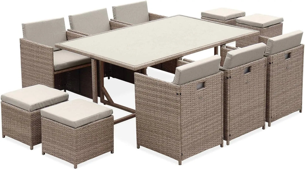 Set Tavolo da giardino e tavolo da terrazza in Resina Intrecciata — 10 posti, 110 × 168 × 73 cm, beige