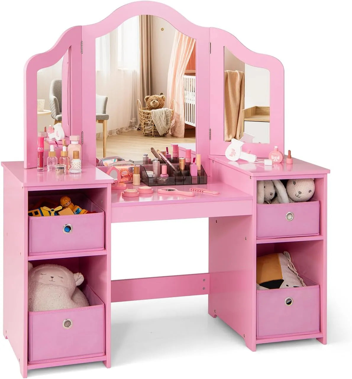 COSTWAY Toeletta e tavolo da trucco 2 in 1 per Bambina — rivestimento in tessuto, in legno, con cassetti, 4 Cassetti, 107 × 40 × 117 cm, rosa