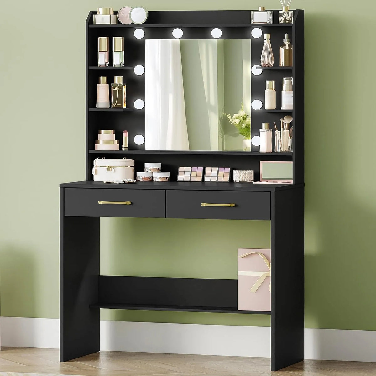 Hzuaneri 80cm Toeletta e tavolo da trucco da Trucco — DT08206XEU, con cassetti, display LED, 2 Cassetti, 40 × 80 × 149cm, nero
