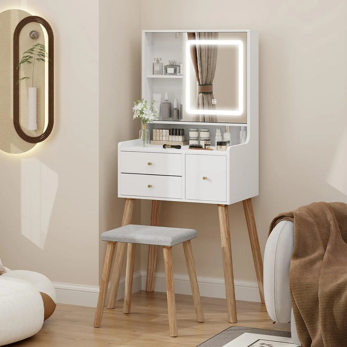 YU YUSING Toeletta e tavolo da trucco con Luci LED e Specchio 3 — con cassetti, con ripiani, display LED, 5 Ripiani, 3 Cassetti, 60cm, bianco