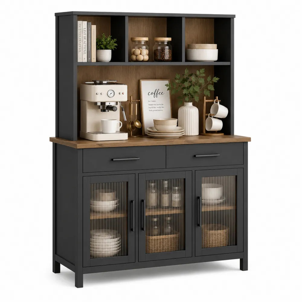 Credenza da Cucina in Legno con Ante in Vetro e Cassetti Nero