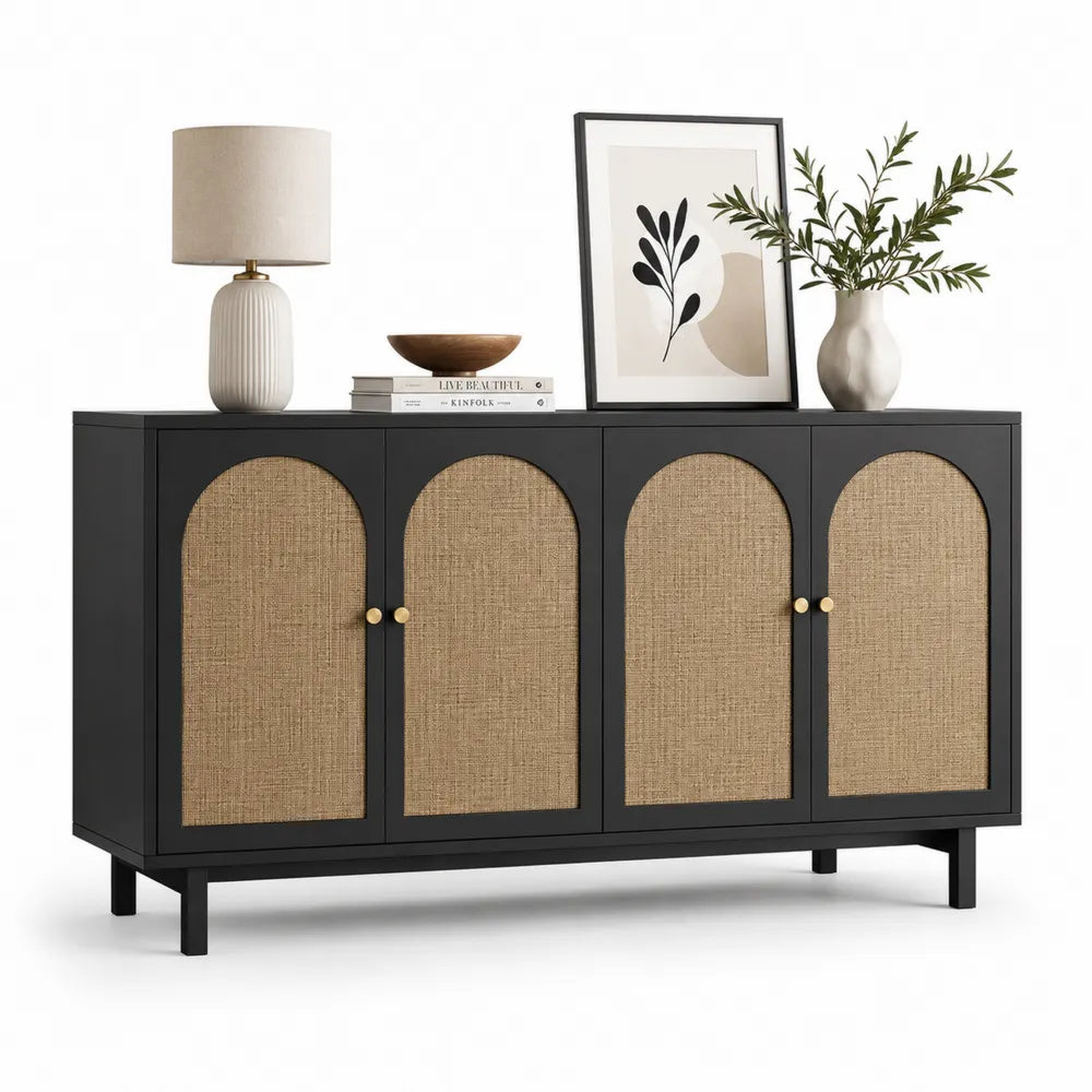 Credenza rettangolare in legno MDF e rattan Nero Naturale 152x40x81 cm