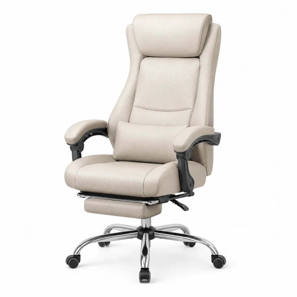 Sedia da ufficio in pelle sintetica beige con poggiapiedi
