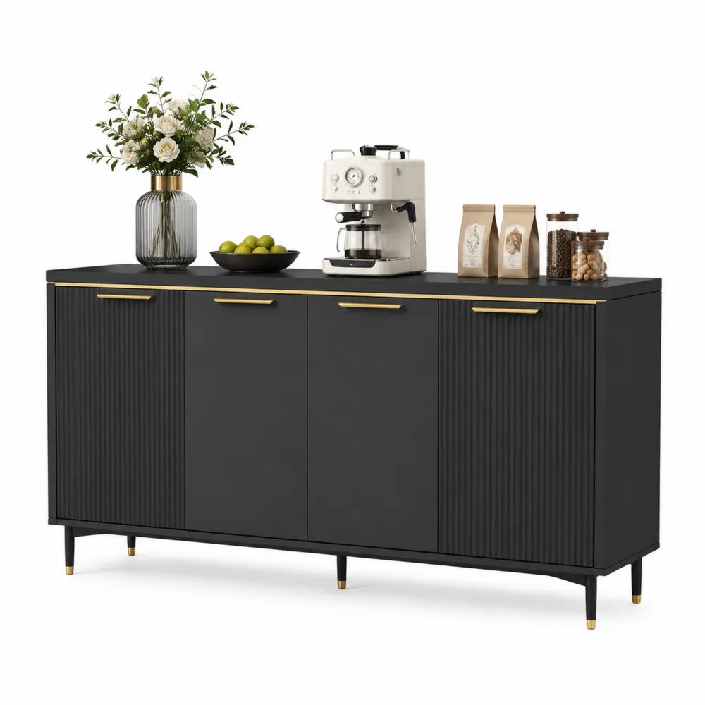 Credenza in MDF con dettagli dorati e ante nere 150x40x85 cm