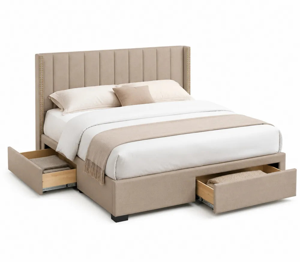 Letto matrimoniale con contenitori in legno e tessuto Beige 160x200 cm