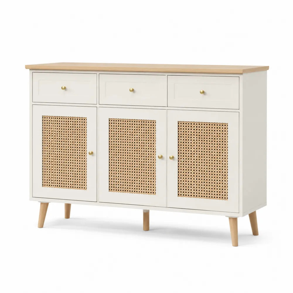 Credenza in Legno e Rattan Beige con 3 Ante e 3 Cassetti