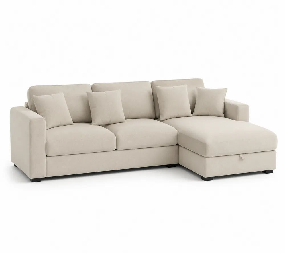 Divano angolare in tessuto beige con chaise longue