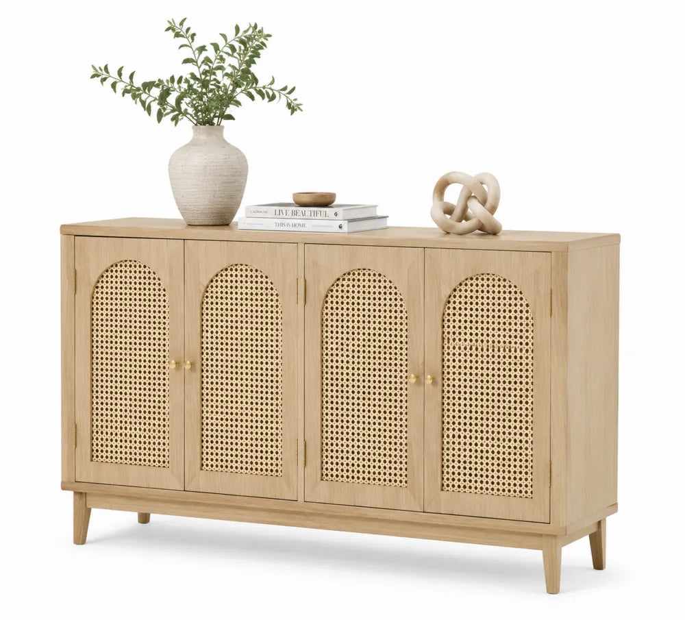 Credenza in Legno e Rattan Naturale a 4 Porte