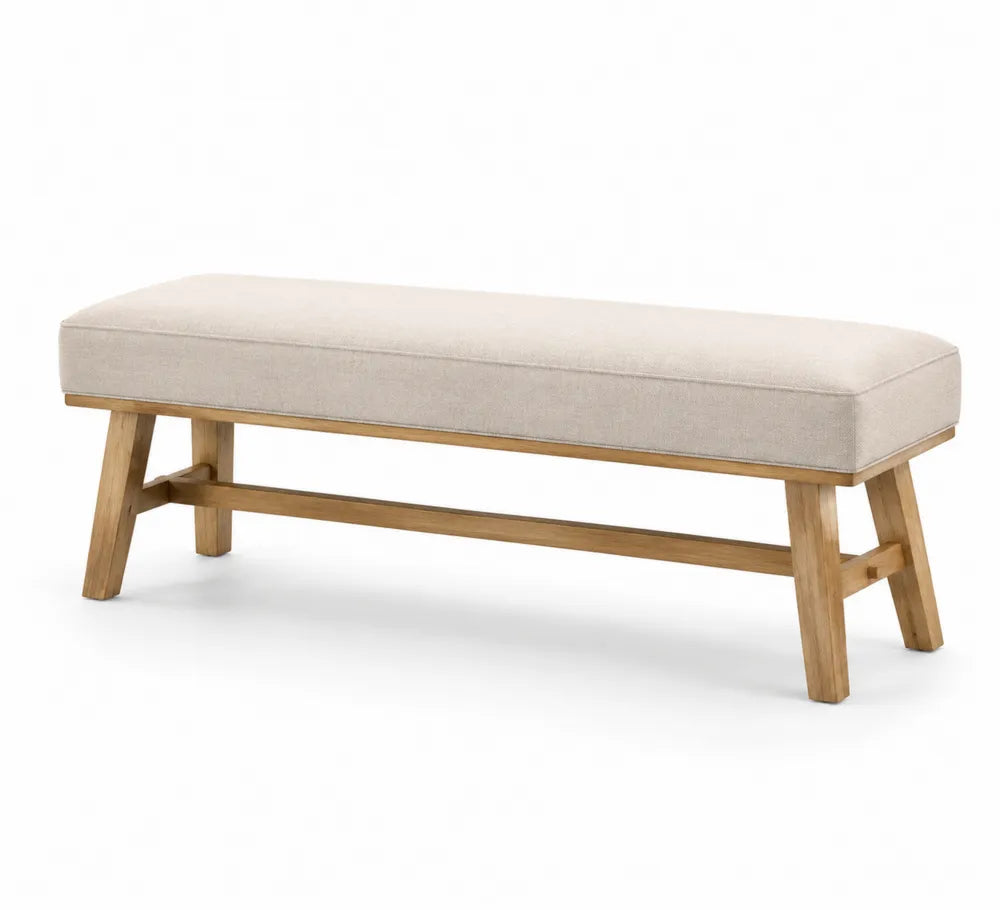 Panca in Legno con Seduta in Tessuto Beige 120x40x45 cm